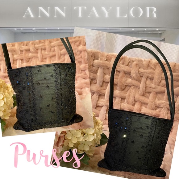 👛ANN TAYLOR👛 Sweet Black Sparkling Satin Sequined💎Handbag - Picture 3 of 15